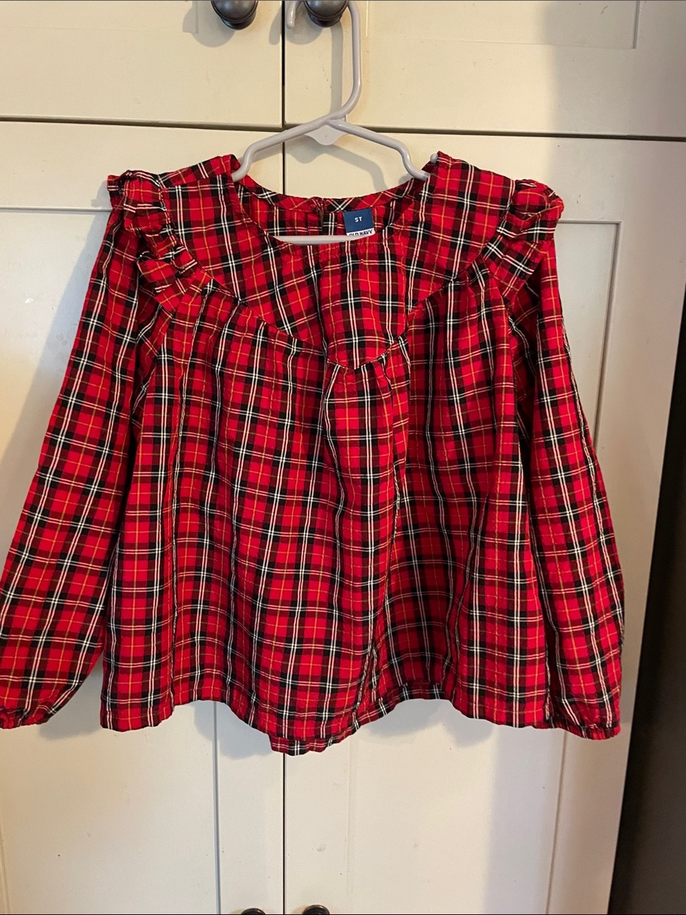 Old Navy Red Plaid Ruffle Yoke Long Sleeve Top